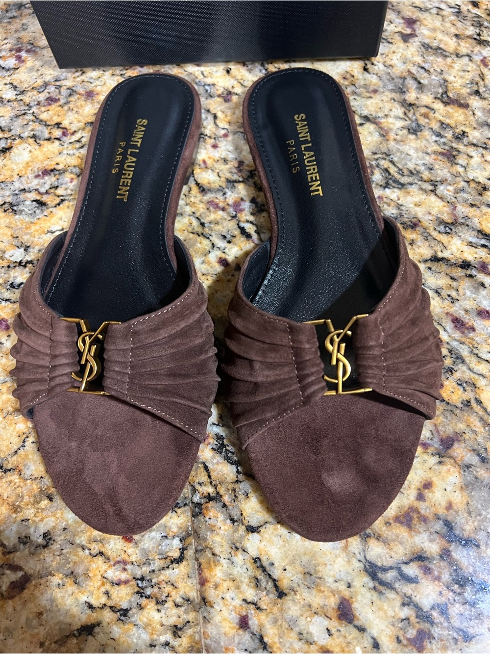 YSL Brown Suede Mules with Gold Hardware - Picture 2 of 2